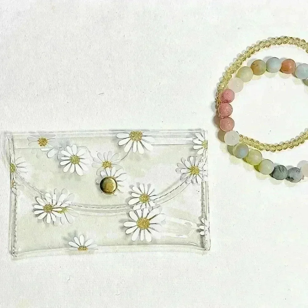 White Floral Clear Card Case Wallet